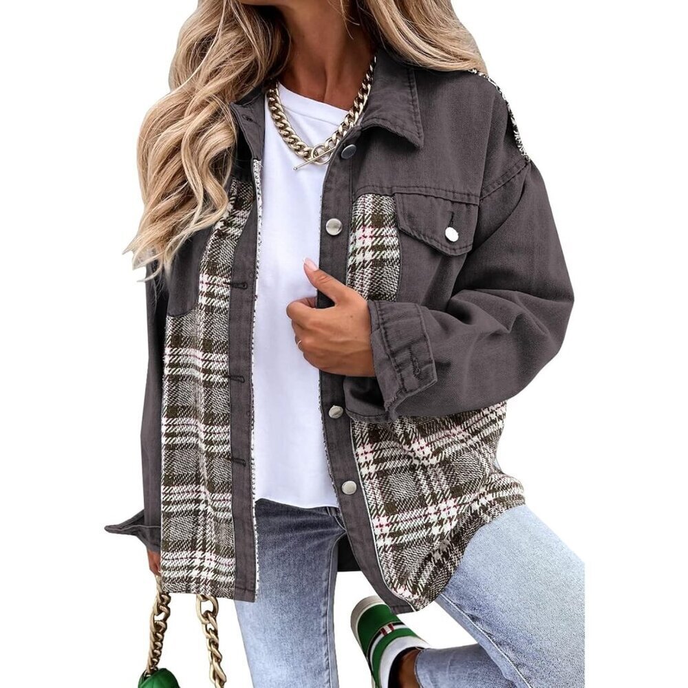 Women's Oversized Plaid Denim Jacket Long Sleeve Casual Button Down